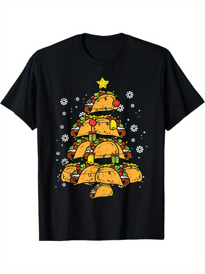 Men's Graphic T-Shirt Festive Holiday With Snowflakes And Tree Shaped Tacos Christmas Tree