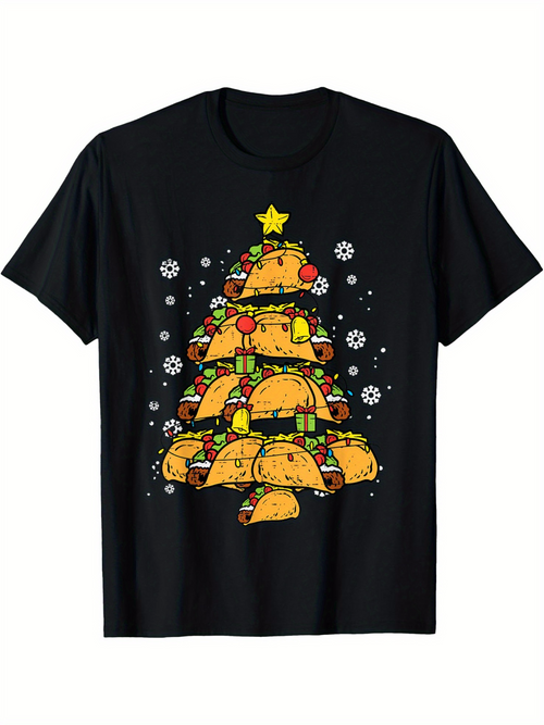 Men's Graphic T-Shirt Festive Holiday With Snowflakes And Tree Shaped Tacos Christmas Tree