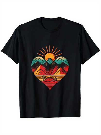 Men's Graphic T-Shirt Radiant Sunrise With Colorful Landscape Within Heart Shape