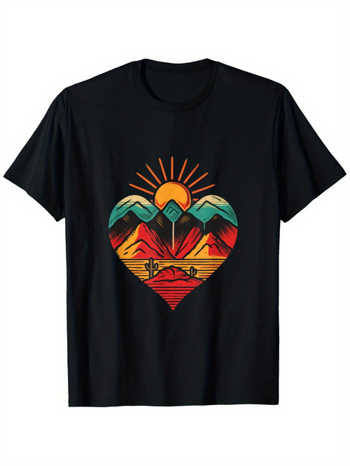 Men's Graphic T-Shirt Radiant Sunrise With Colorful Landscape Within Heart Shape