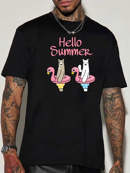 Men's Graphic T-Shirt Hello Summer Two Cats Relaxing On Flamingo Floats Under Sunny Skies
