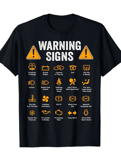 Men's Graphic T-Shirt Warning Signs With Funny Icons Text And Bold Yellow Triangle Symbols