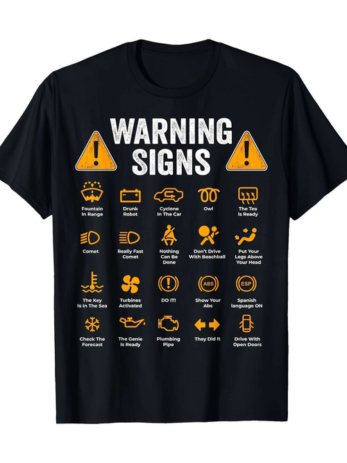 Men's Graphic T-Shirt Warning Signs With Funny Icons Text And Bold Yellow Triangle Symbols