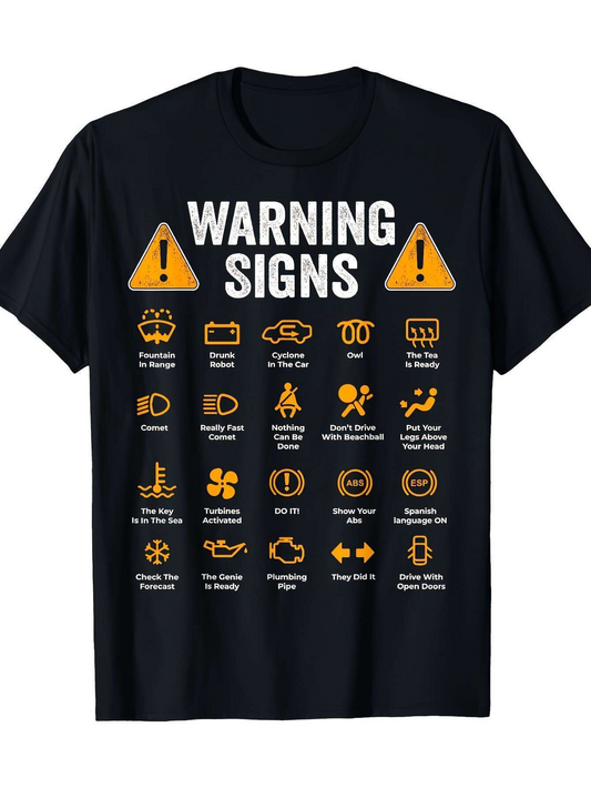 Men's Graphic T-Shirt Warning Signs With Funny Icons Text And Bold Yellow Triangle Symbols