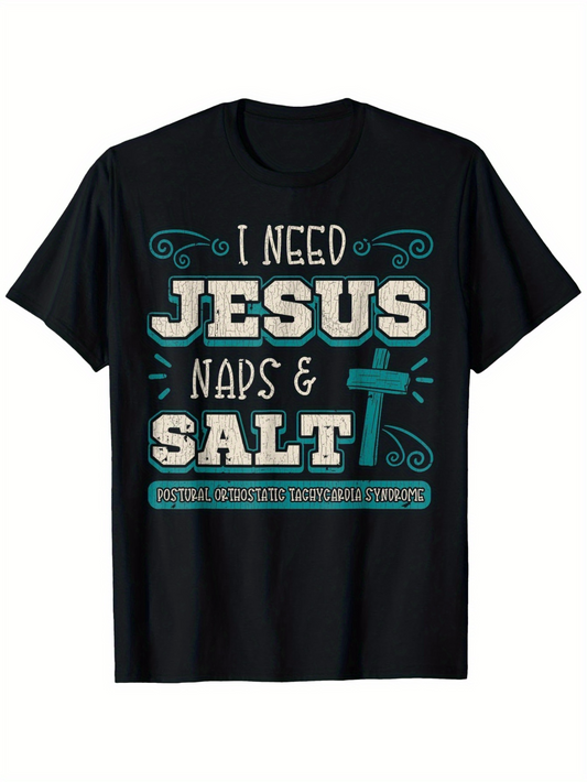 Men's Graphic T-Shirt I Need Jesus Naps And Salt With Blue Graphic Cross And Large Block Letters