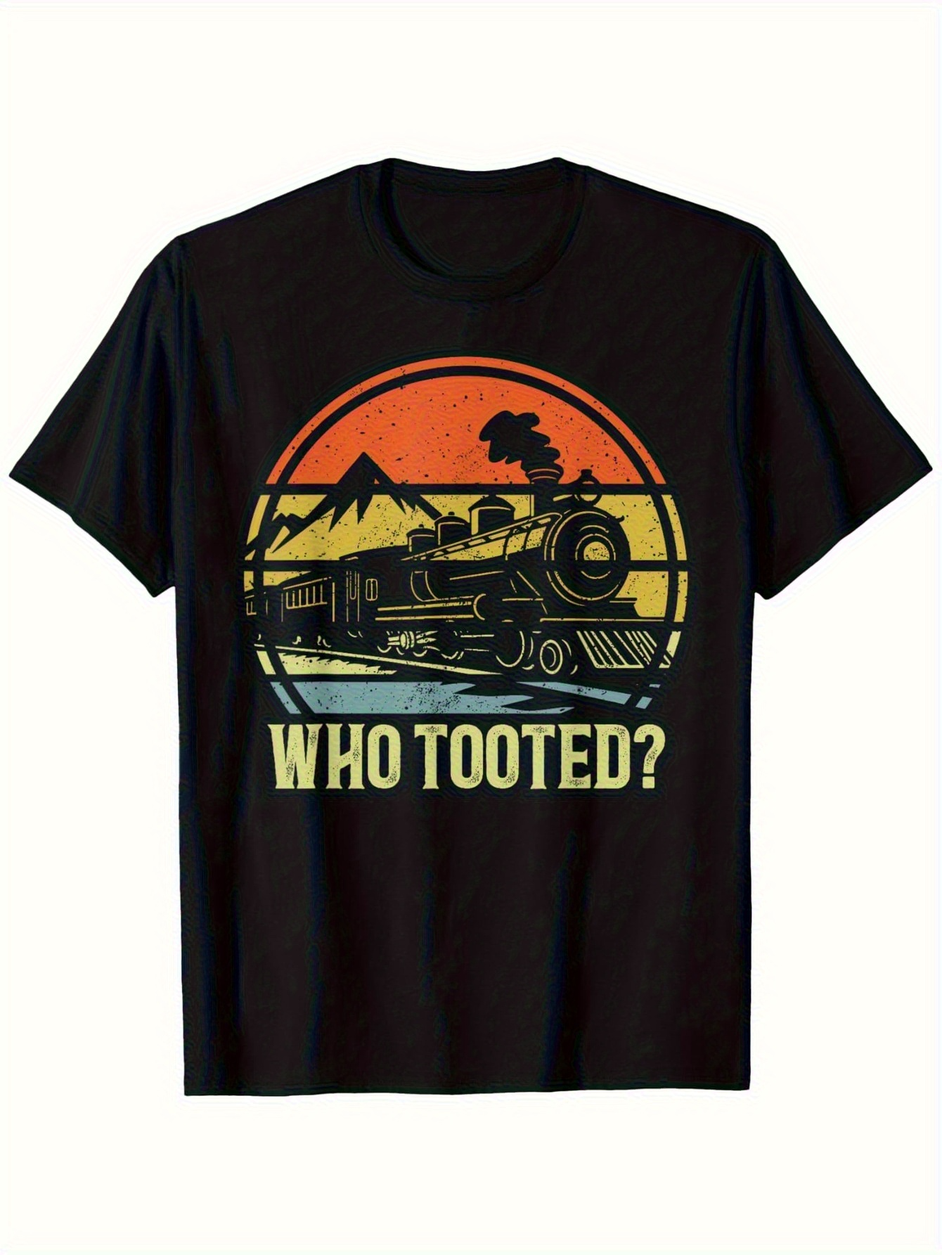 Men's Graphic T-Shirt Who Tooted Retro Train With Mountains Sunset And Pine Trees Locomotive