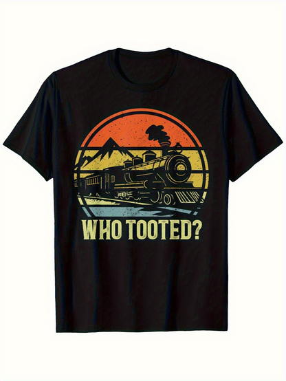 Men's Graphic T-Shirt Who Tooted Retro Train With Mountains Sunset And Pine Trees Locomotive
