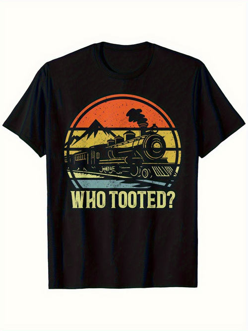 Men's Graphic T-Shirt Who Tooted Retro Train With Mountains Sunset And Pine Trees Locomotive