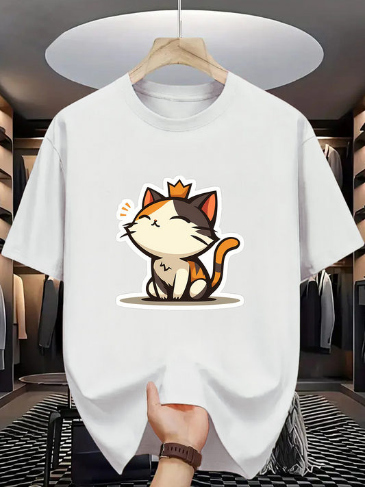 Men's Graphic T-Shirt Playful Cartoon Crowned Cat With Whiskers In White Room