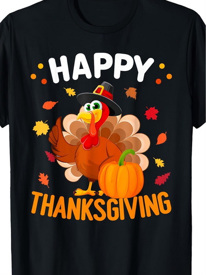 Men's Graphic T-Shirt Happy Thanksgiving Cheerful Cartoon Turkey With Autumn Leaves Pumpkin