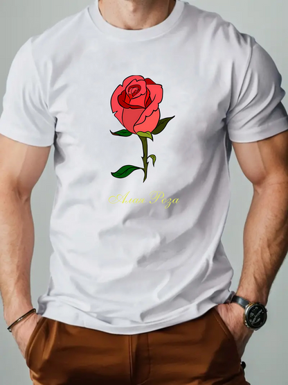 Men's Graphic T-Shirt Delicate Single Blooming Red Rose With Fresh Green Stem Rose