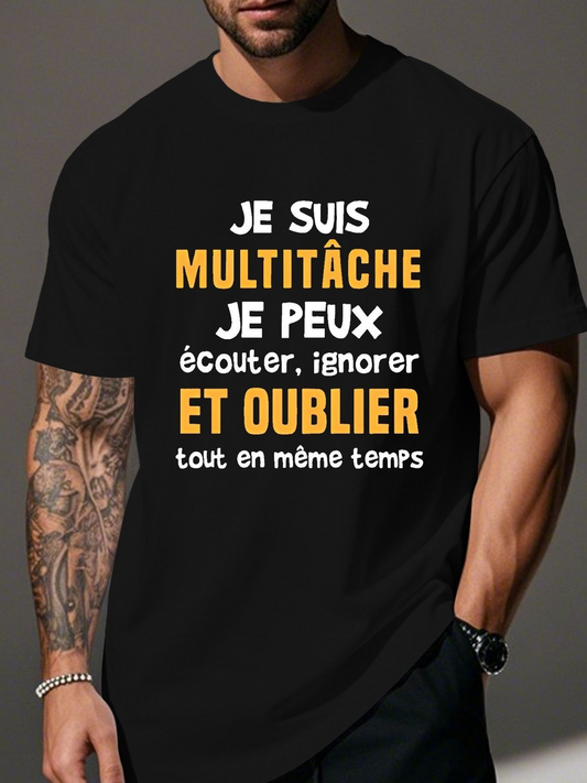 Men's Graphic T-Shirt Funny French slogan "Im Multitasking I Can Listen Ignore and Forget All at Once" in orange text on black background