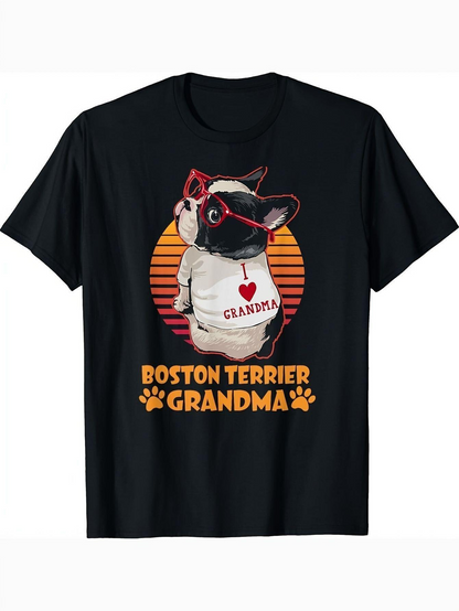 Men's Graphic T-Shirt I Love Grandma Vintage Sunset With Cute Boston Terrier Dog