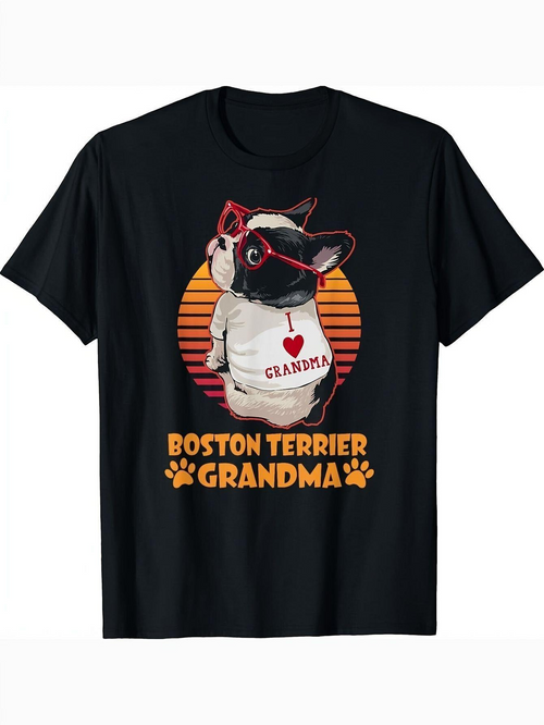 Men's Graphic T-Shirt I Love Grandma Vintage Sunset With Cute Boston Terrier Dog