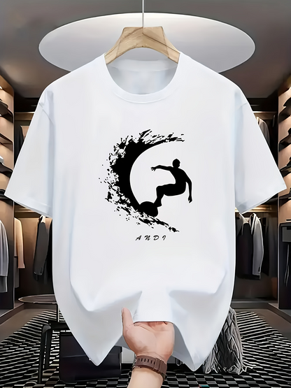 Men's Graphic T-Shirt Abstract Wave With Energetic Surfer Riding Curved Splashing Water Surfer