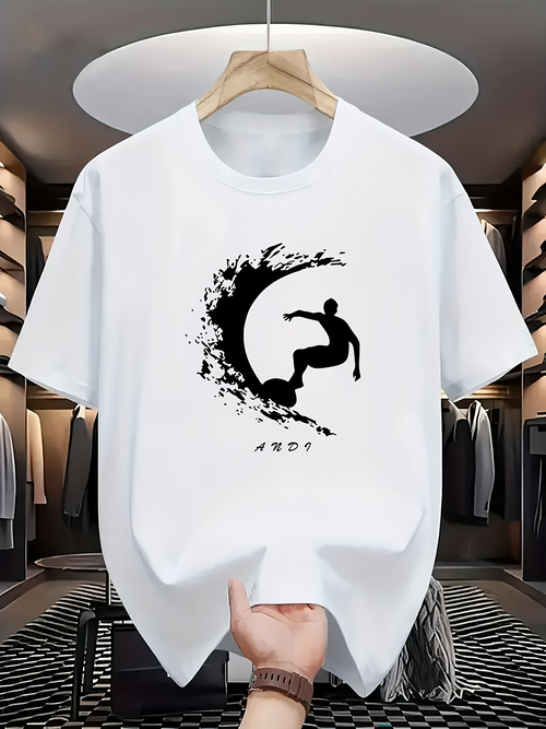 Men's Graphic T-Shirt Abstract Wave With Energetic Surfer Riding Curved Splashing Water Surfer