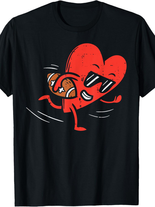 Men's Graphic T-Shirt Cartoon Heart With Sunglasses Running Fast Carrying Football