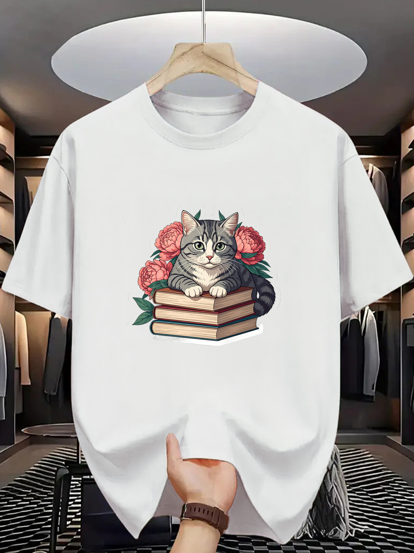 Men's Graphic T-Shirt Gentle Cat With Pink Blossoms Resting On Layered Classic Books
