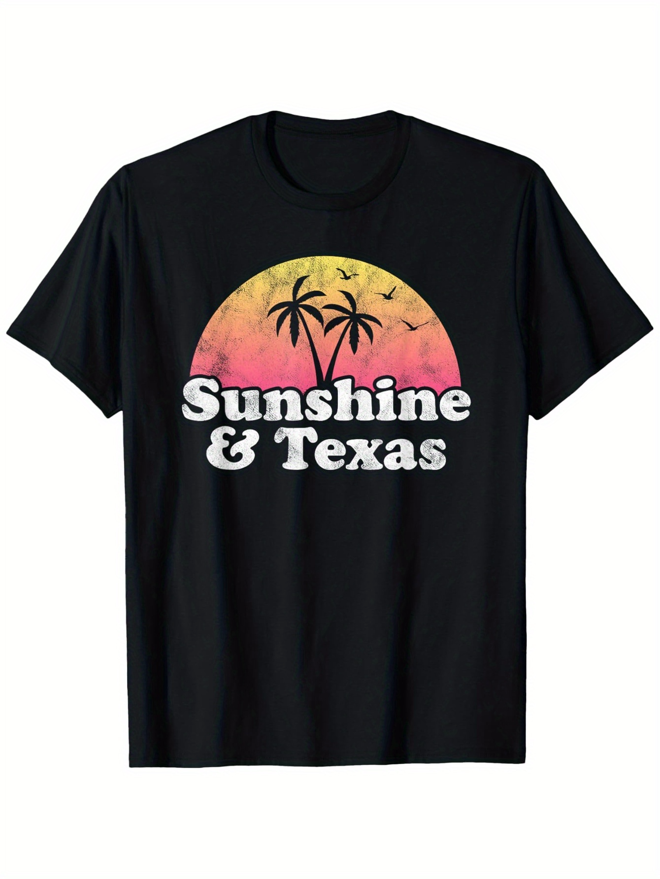 Men's Graphic T-Shirt Sunshine And Texas With Palm Trees And Setting Sun Birds