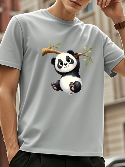 Men's Graphic T-Shirt Playful Cartoon Panda Hanging On A Bright Bamboo Branch
