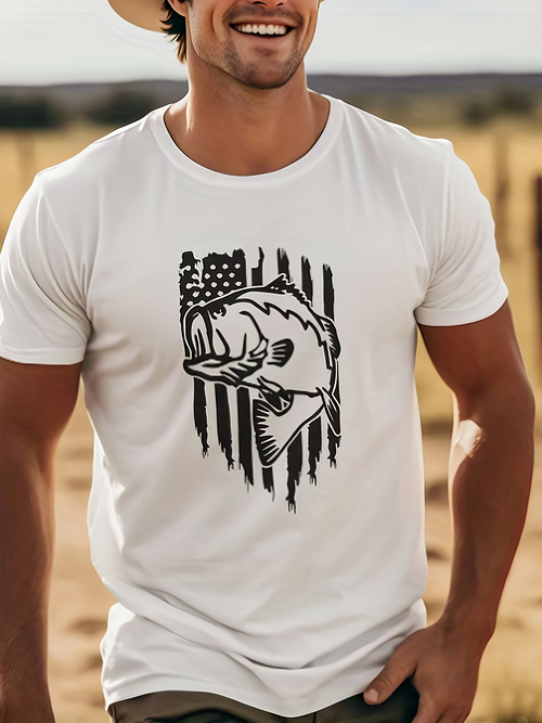 Men's Graphic T-Shirt Rugged American Flag With Bold Bars And Leaping Largemouth Bass