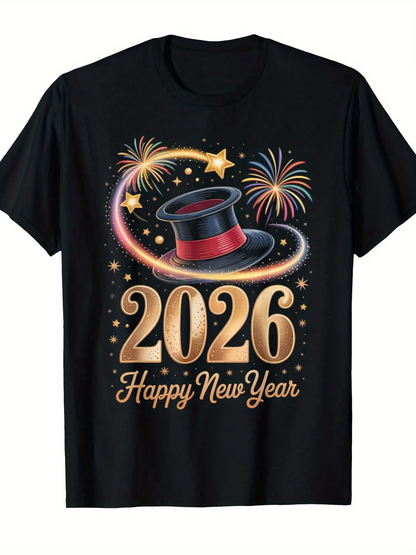 Men's Graphic T-Shirt Happy New Year 2026 Colorful Fireworks With Magic Hat