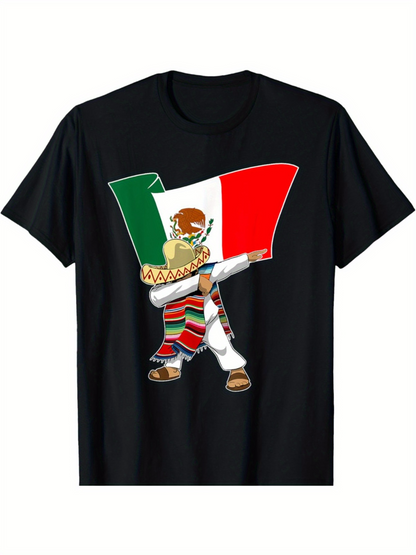Men's Graphic T-Shirt Colorful Mexican Flag Waving With Dancing Man In Sombrero