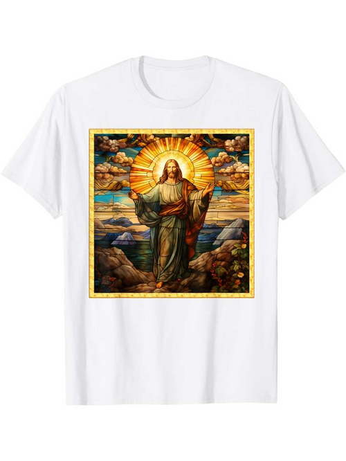 Men's Graphic T-Shirt Radiant Stained Glass Sun With Holy Figure Among Shining Clouds Landscape