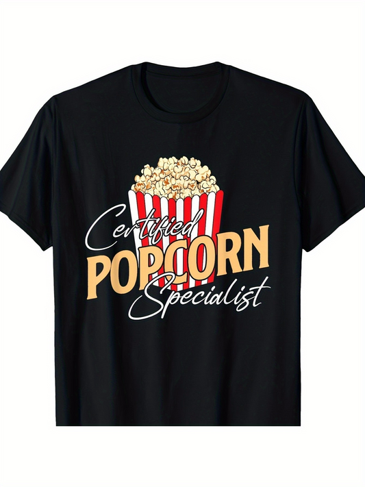 Men's Graphic T-Shirt Certified Popcorn Specialist Crunchy Salted Snacks In Red Striped Popcorn Box