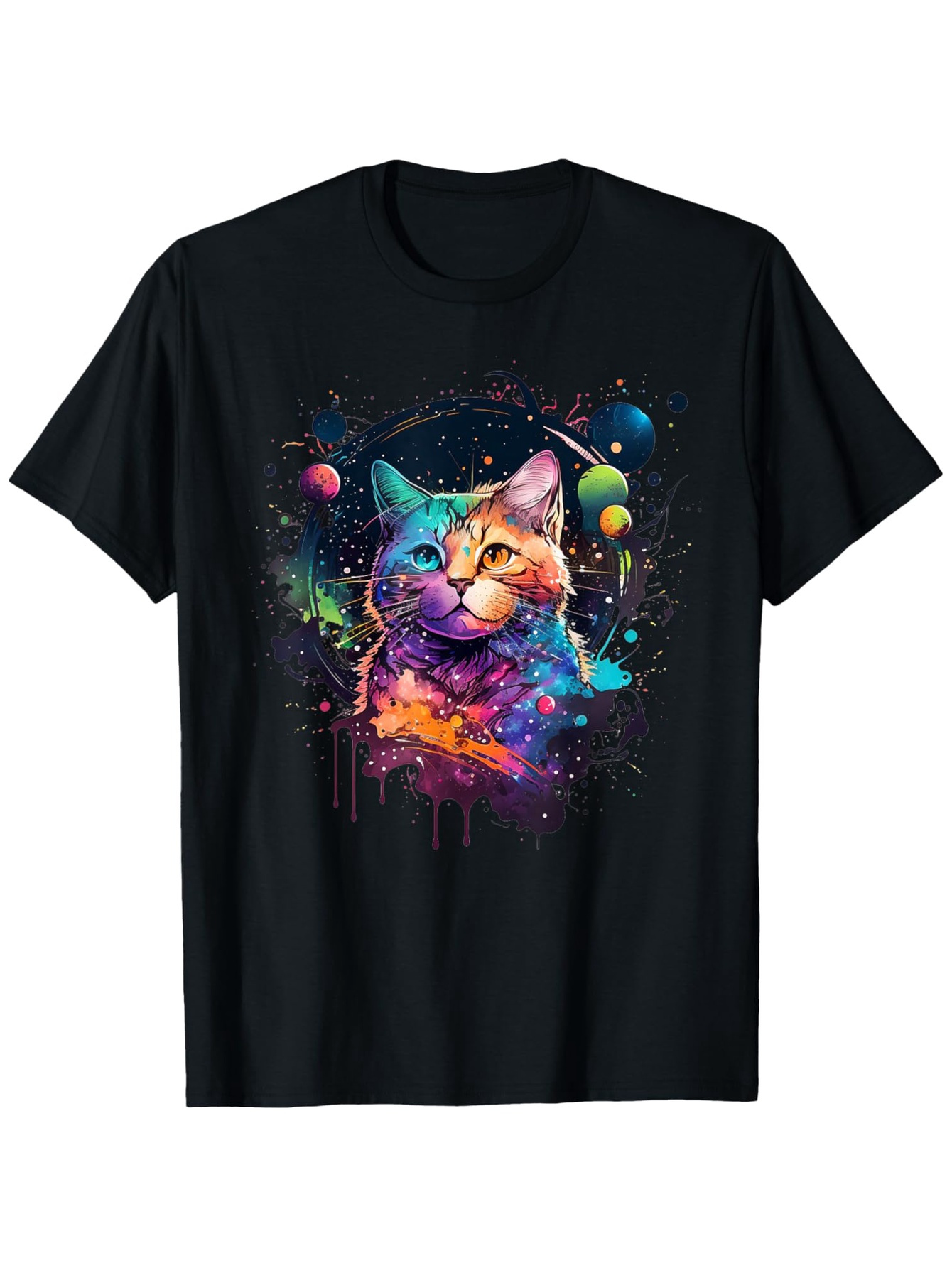 Men's Graphic T-Shirt Colorful Galaxy Paint Splatter Surrounding A Playful Cat Portrait