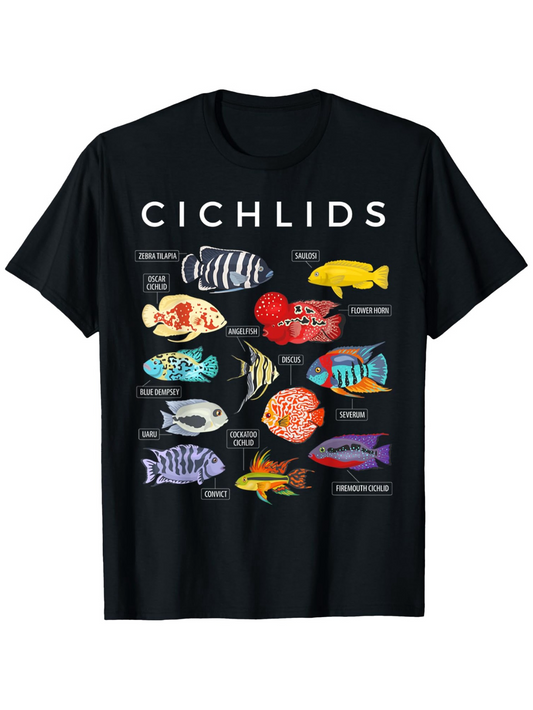 Men's Graphic T-Shirt Cichlids Colorful Freshwater Fish Collection Displayed On Black Shirt