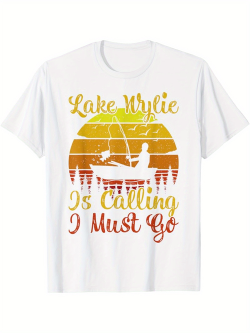 Men's Graphic T-Shirt Lake Wylie Is Calling I Must Go With Sunset And Canoe Under Trees Silhouette