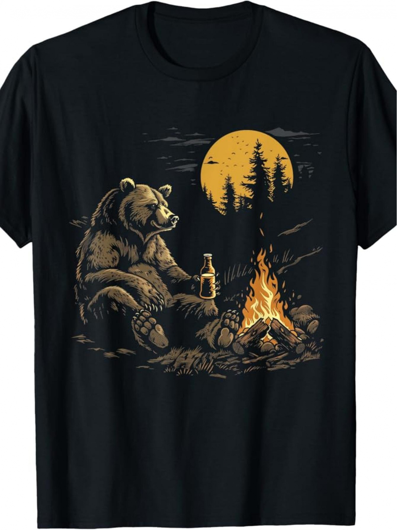 Men's Graphic T-Shirt Relaxing By Campfire Under Full Moon Bear