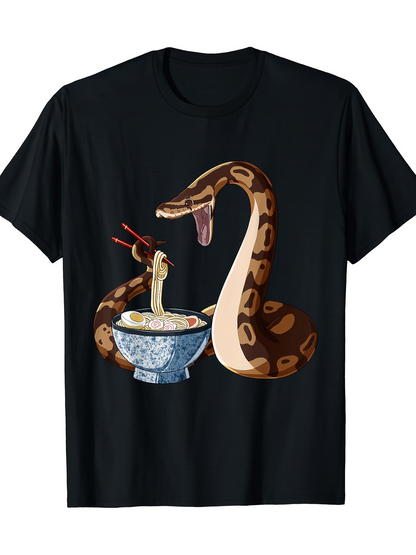Men's Graphic T-Shirt Coiled Snake With Chopsticks Eating Hot Steaming Noodles Bowl