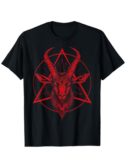 Men's Graphic T-Shirt Vivid Red Pentagram And Horned Goat Head Illustration On Black Shirt