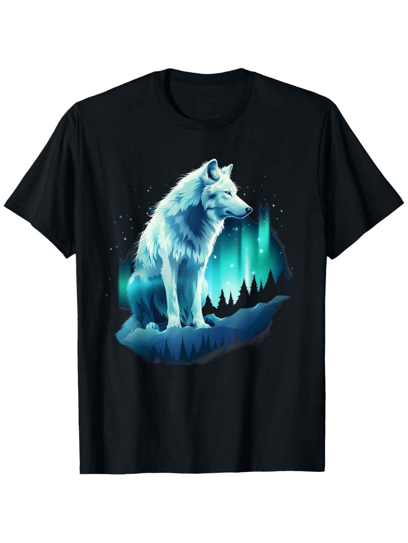 Men's Graphic T-Shirt Mystical Aurora Borealis Shimmering Night Forest With Majestic Lone Wolf
