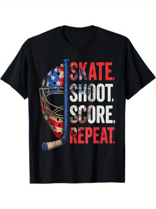 Men's Graphic T-Shirt Skate Shoot Score Repeat With American Flag Hockey Helmet