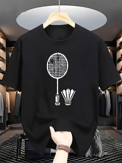 Men's Graphic T-Shirt Monochrome Graphic Design Of Badminton Racket With Shuttlecocks Featuring Bold Minimal Lines