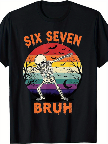 Men's Graphic T-Shirt Six Seven Bruh Dancing Skeleton With Sunset And Flying Bats