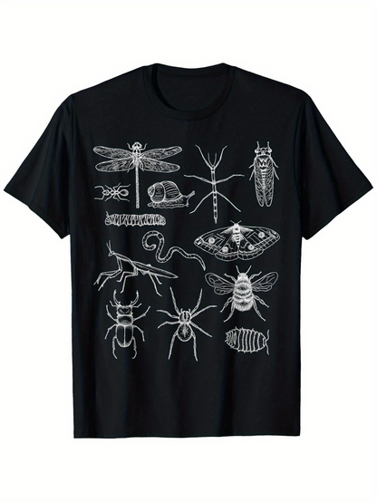 Men's Graphic T-Shirt Detailed Line Art Insects Drawing With Multiple Scientific Creatures On T Shirt