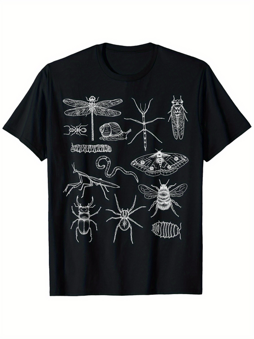 Men's Graphic T-Shirt Detailed Line Art Insects Drawing With Multiple Scientific Creatures On T Shirt
