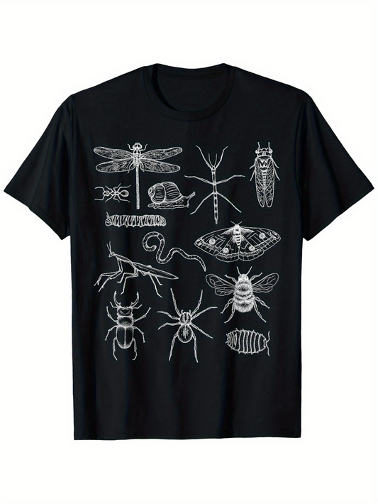 Men's Graphic T-Shirt Detailed Line Art Insects Drawing With Multiple Scientific Creatures On T Shirt
