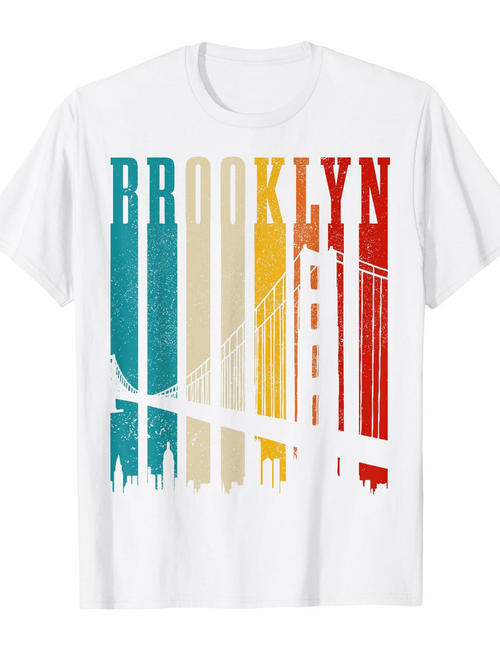 Men's Graphic T-Shirt Colorful Stripes With City Skyline And Silhouette Of Brooklyn Bridge