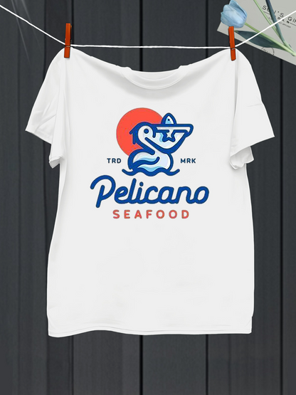 Men's Graphic T-Shirt Tulum Mexico Pelicano Seafood With Orange Sun And Stylized Pelican