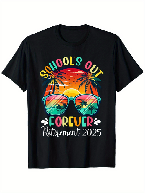 Men's Graphic T-Shirt Schools Out Forever Retirement 2025 Vibrant Sunset Scene With Palm Trees Reflected In Sunglasses