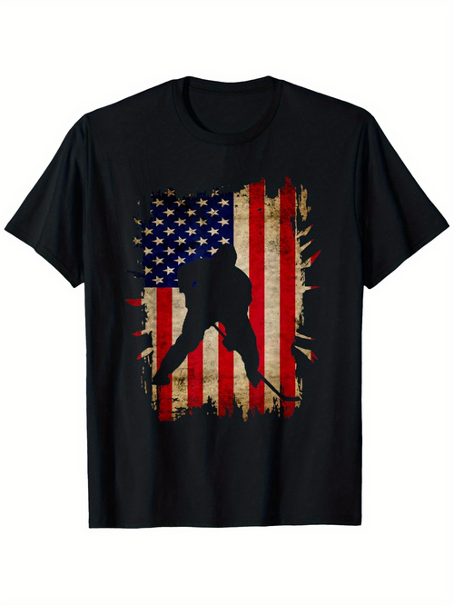 Men's Graphic T-Shirt Vintage Grunge American Flag With Ice Hockey Player Silhouette