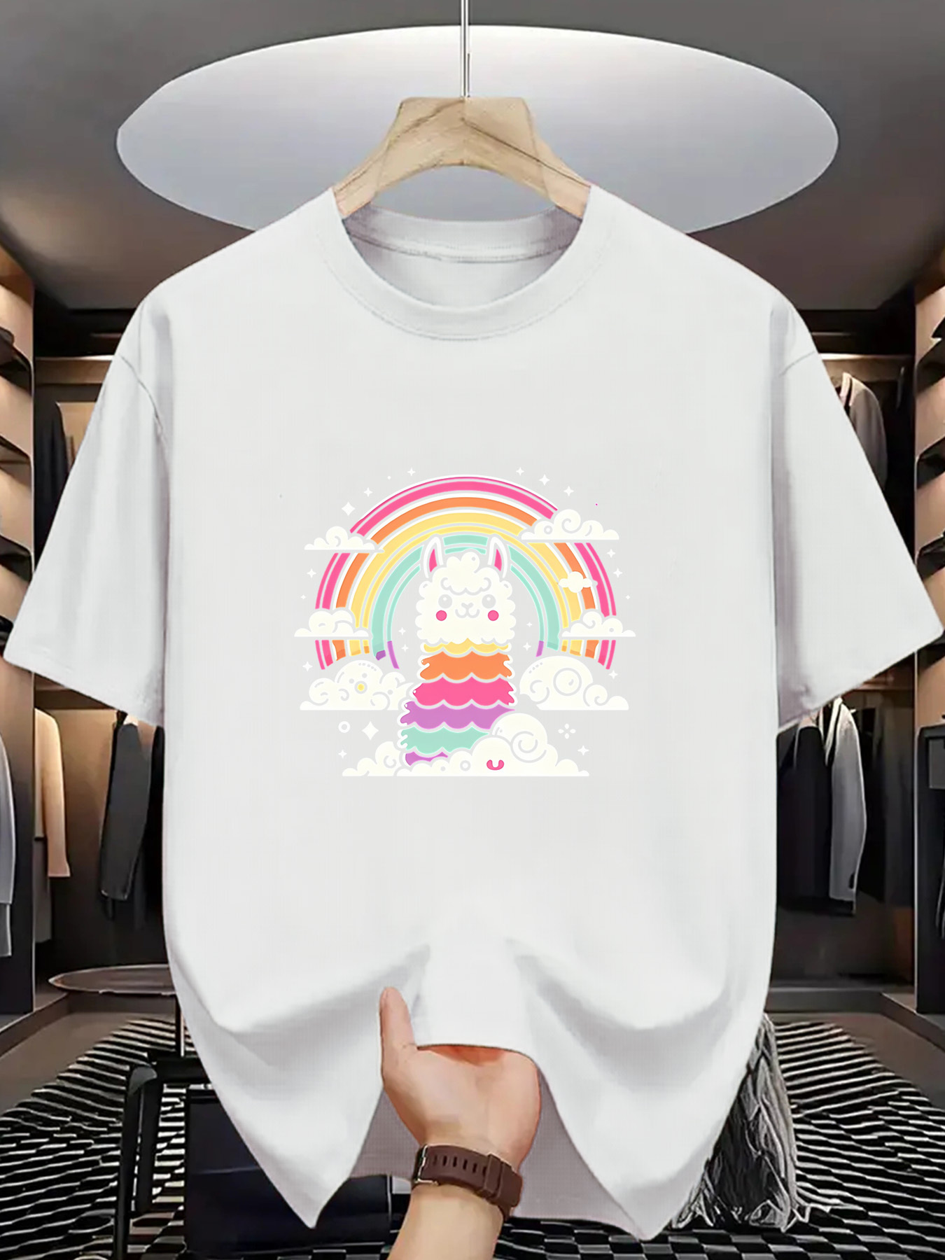 Men's Graphic T-Shirt Colorful Clouds Pastel Rainbow With Vibrant Stripes Surrounding Playful Cute Llama