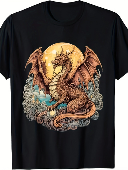 Men's Graphic T-Shirt Golden Moon Glow Swirling Clouds With Fire Breathing Ancient Dragon