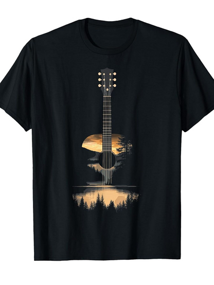 Men's Graphic T-Shirt Golden Sunset Reflected Among Forest And Lake Shaped Guitar
