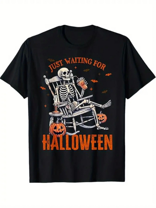 Men's Graphic T-Shirt Just Waiting For Halloween With Autumn Leaves Pumpkins And Skeleton